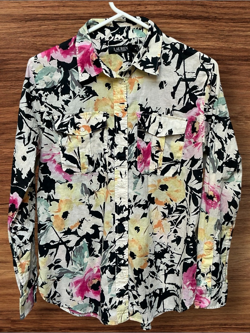 Ralph Lauren Floral Lightweight Button-Up Shirt — Black, Pink & Yellow